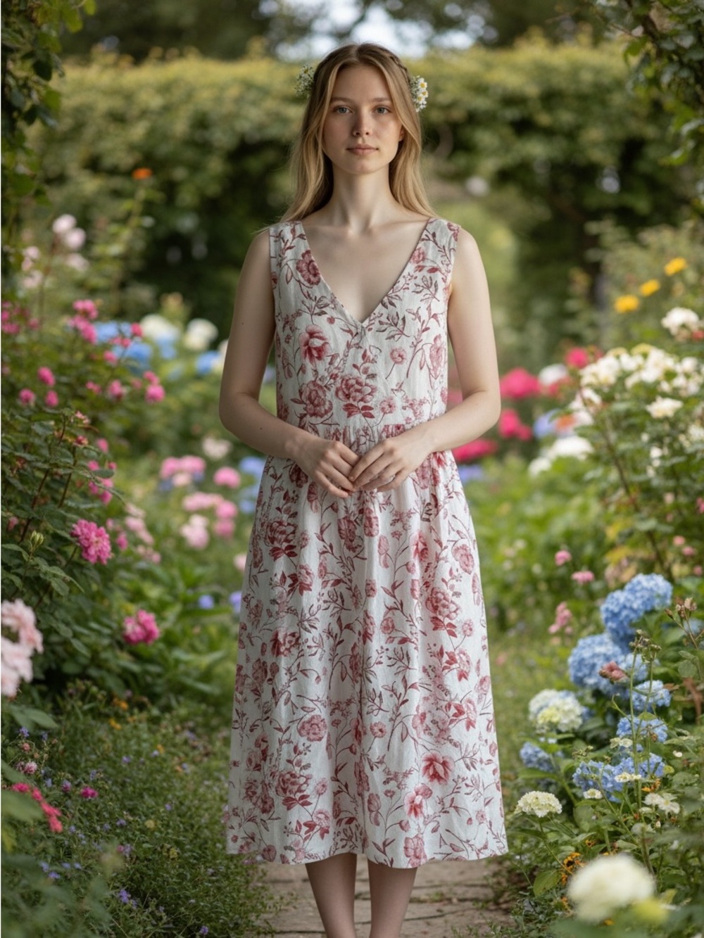 Cynthia Rowley 100% Linen Floral Midi Dress 12 Red Ivory CottageCore Botanical